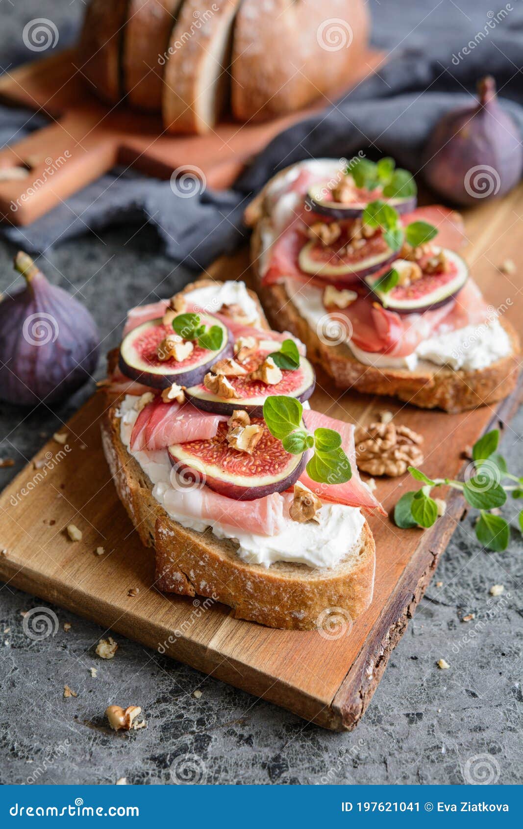 Sandwich with Goat Cheese, Prosciutto, Figs and Walnuts Stock Image