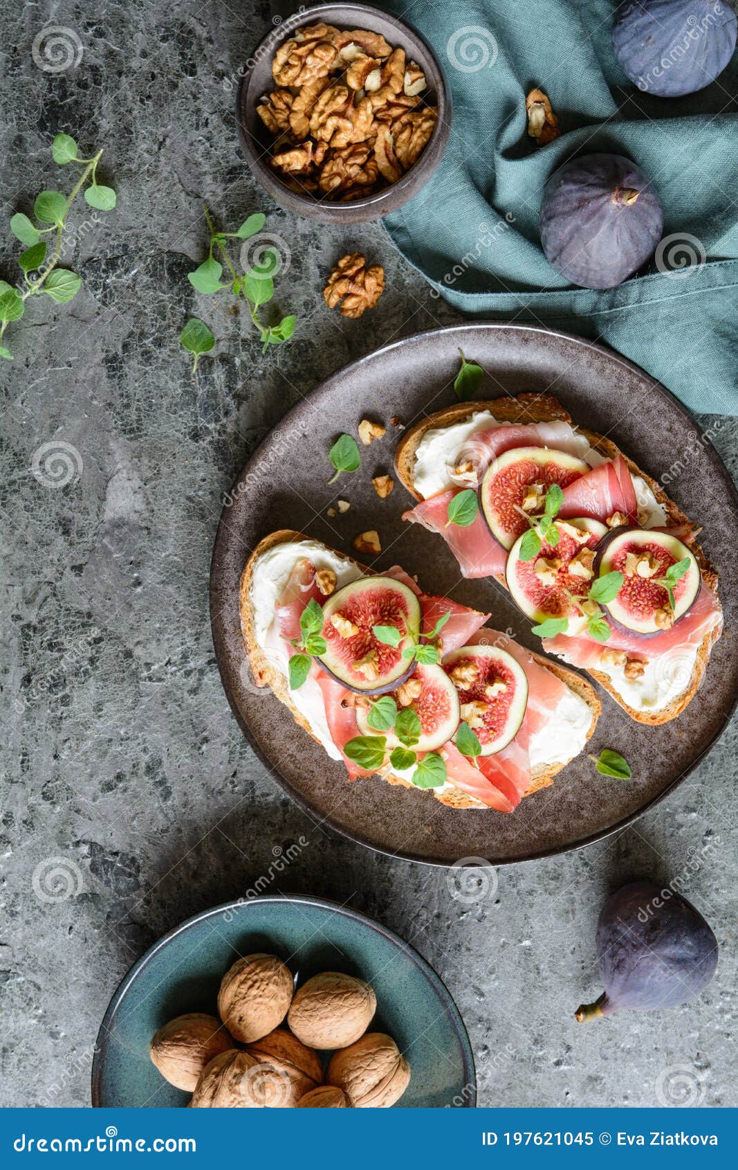 Sandwich with Goat Cheese, Prosciutto, Figs and Walnuts Stock Image