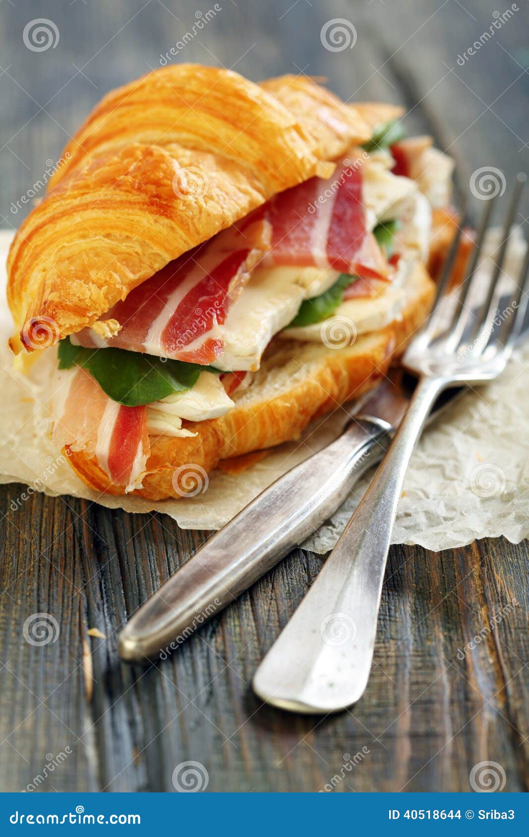Sandwich with Ham, Brie Cheese and Salad. Stock Photo Image of
