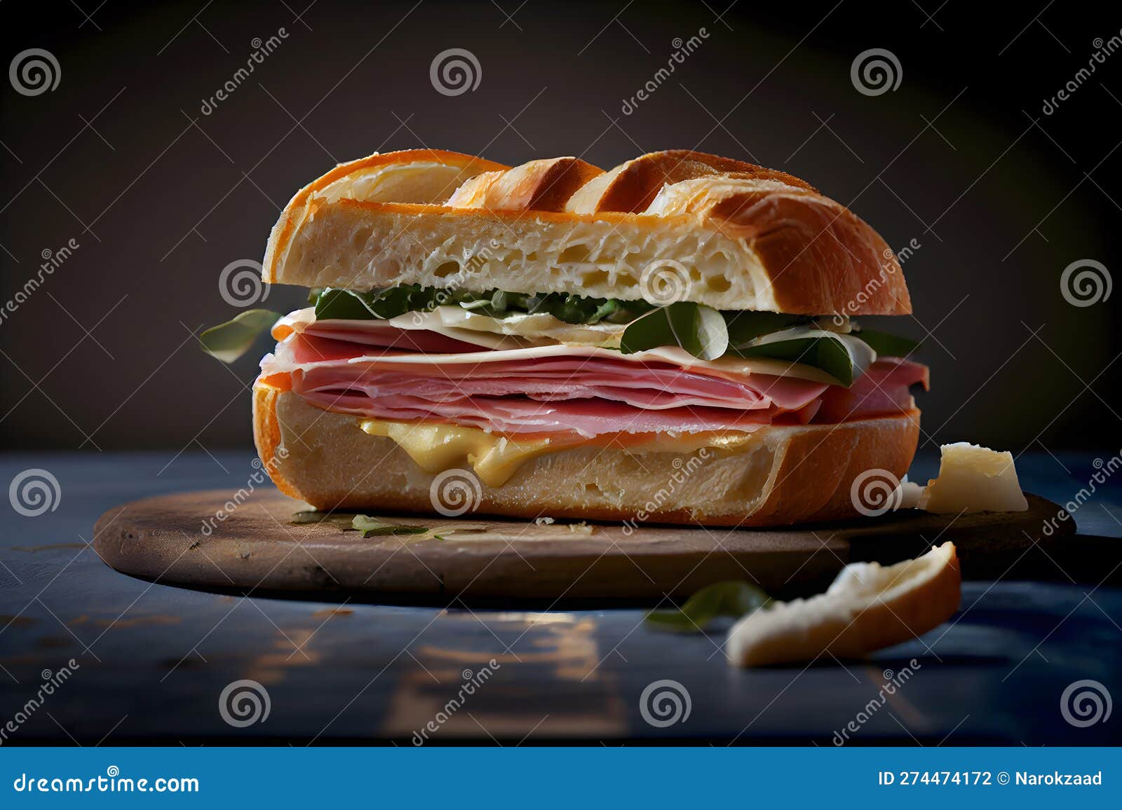 Sandwich with Ham, Cheese and Arugula on Dark Background. AI Generative Stock Illustration