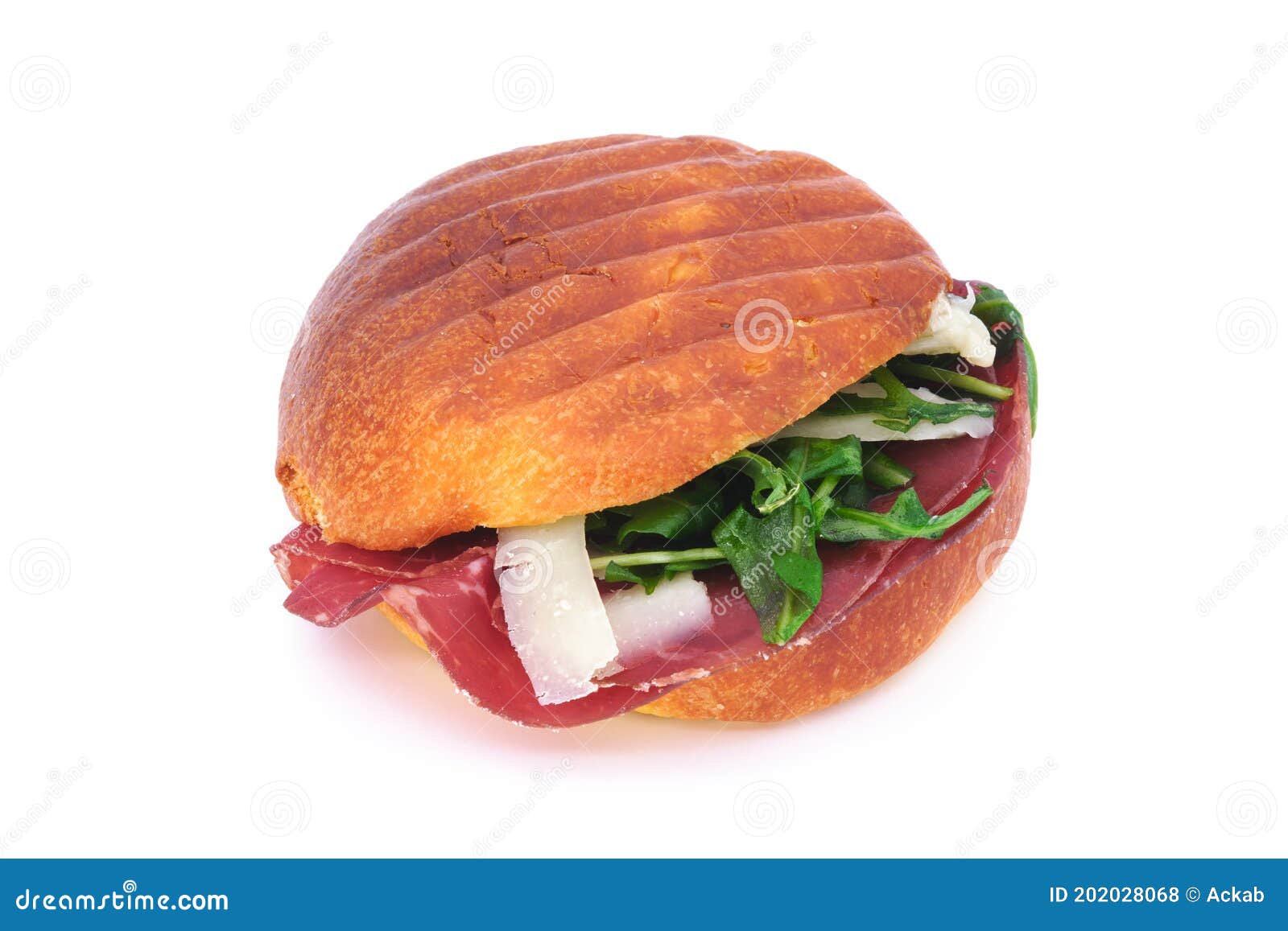 sandwich with parmesan cheese, bresaola cold cut and green salad closeup,  on white background.