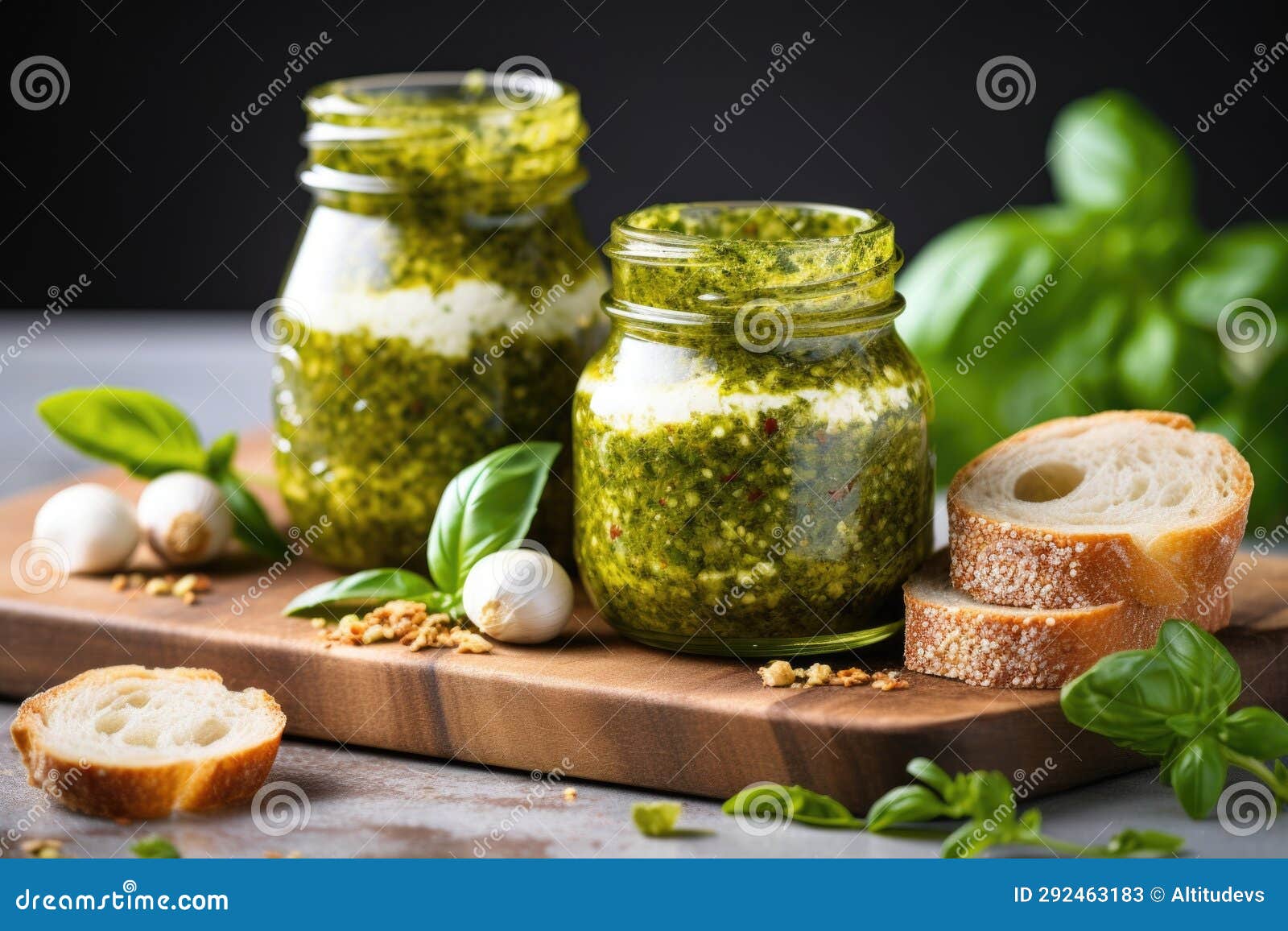 Sandwich Placed between Two Jars of Fresh Pesto Stock Illustration Illustration of condiment