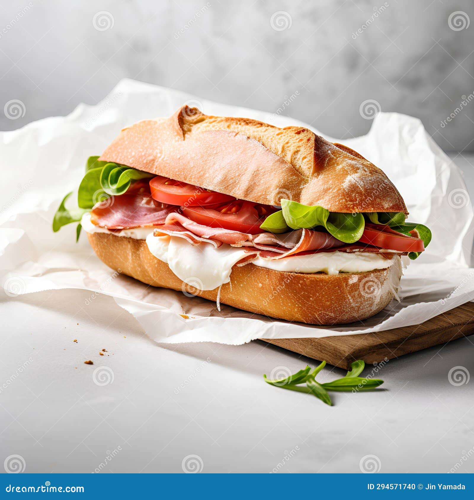 Sandwich with Prosciutto, Mozzarella, Tomatoes and Basil. Stock