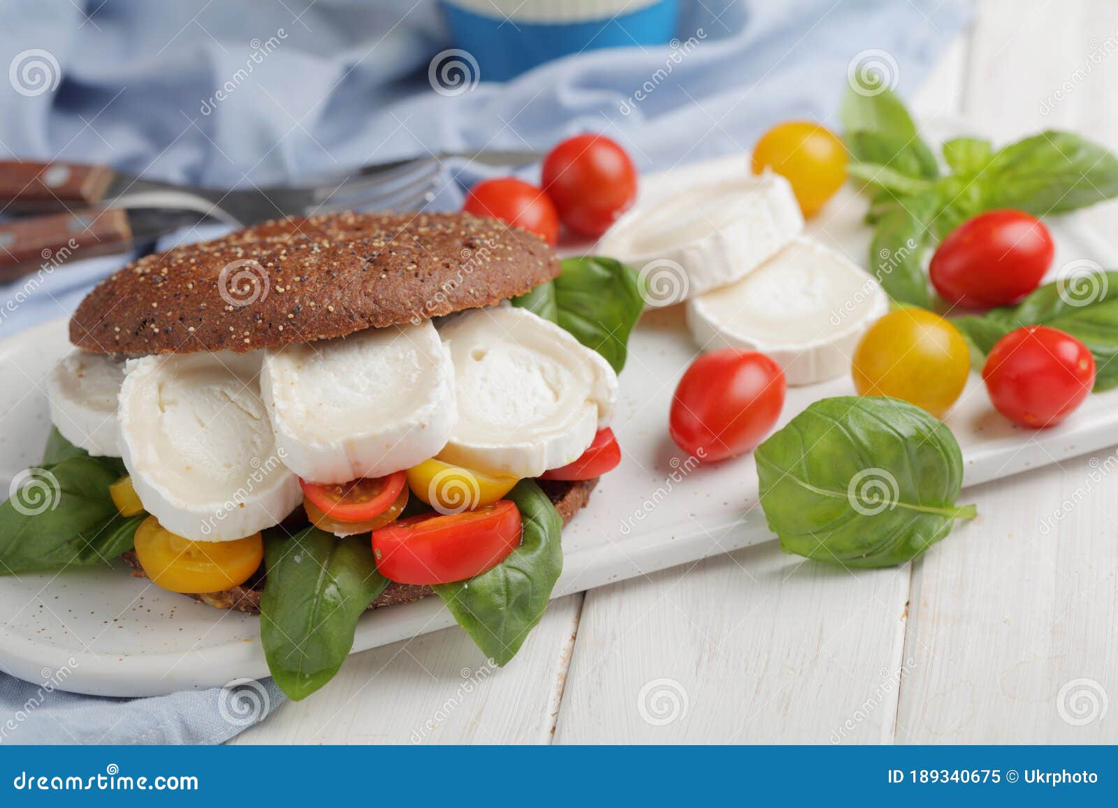 Sandwich with Rye Bread, Goat Cheese, Tomatoes, and Basil Stock Image
