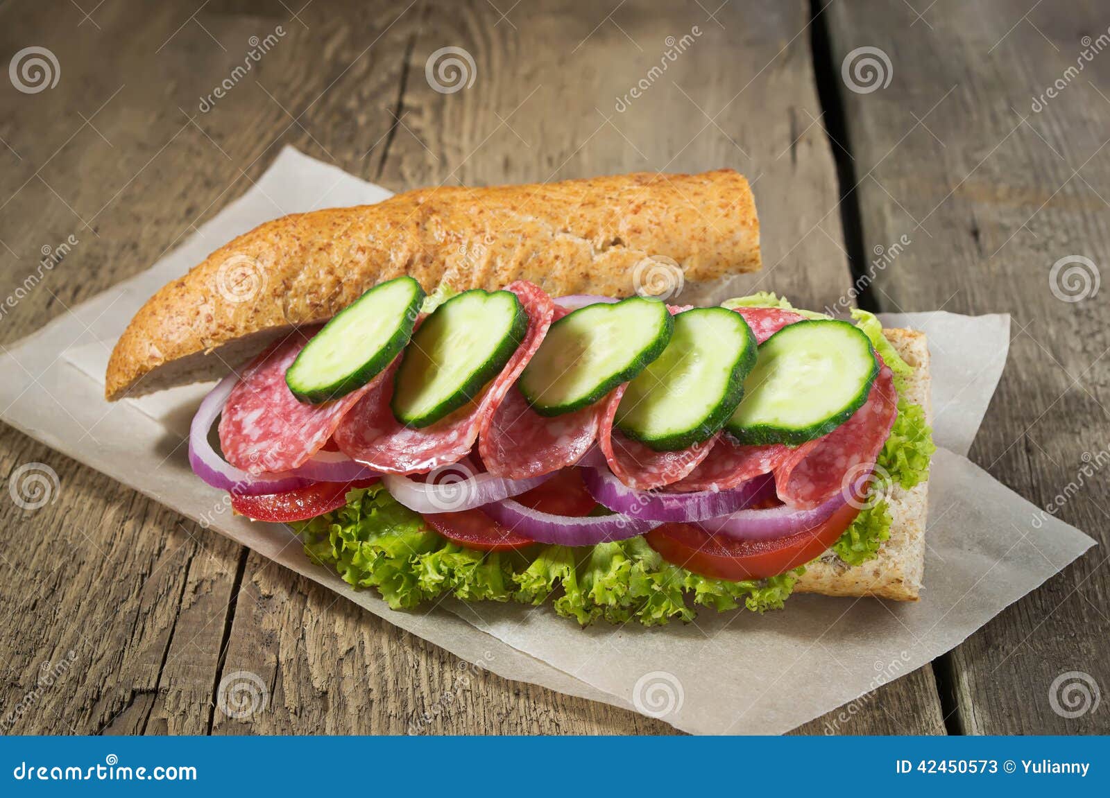 Sandwich with Salami, Tomato and Lettuce Stock Image Image of table