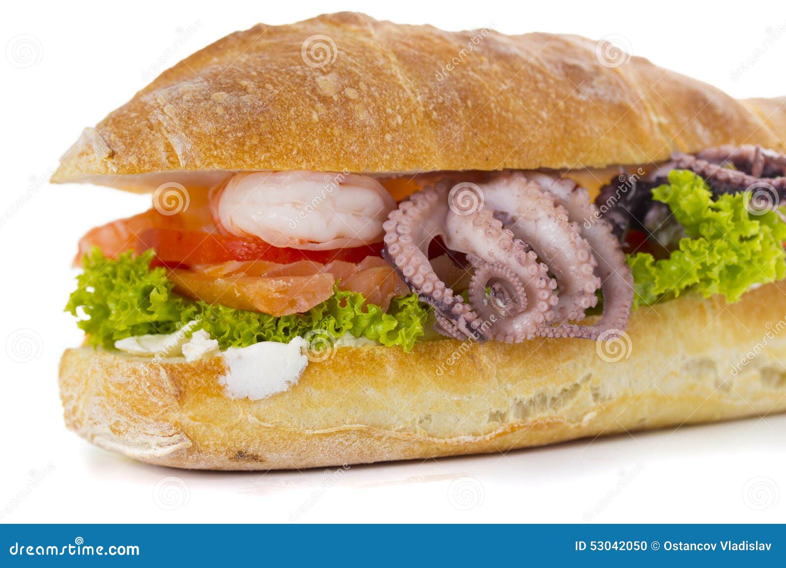 Sandwich with seafood and vegetables isolated on white background