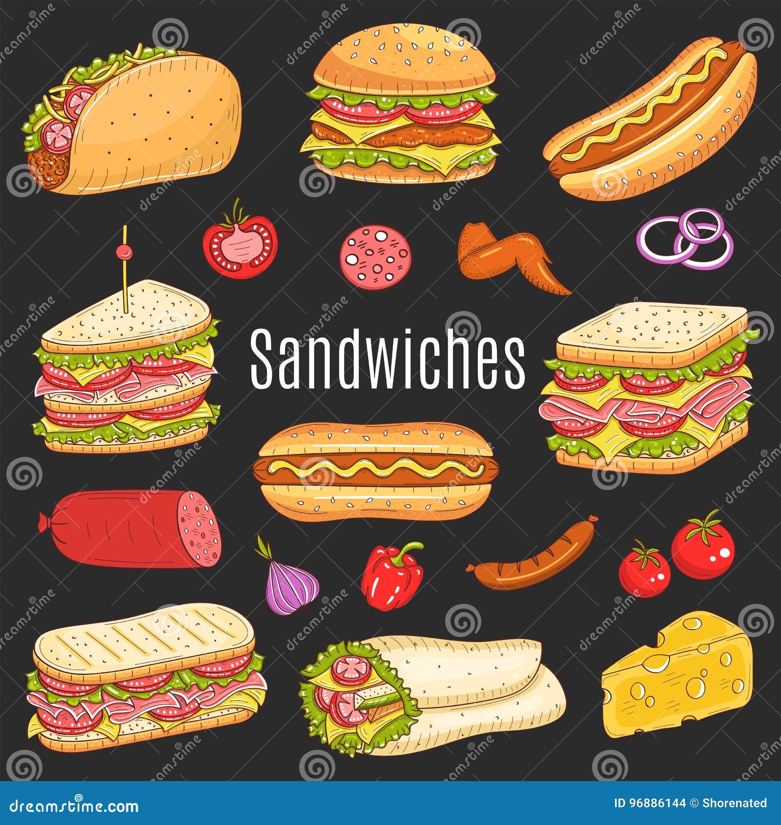 sandwich set vector sketch illustration stock vector types of sandwiches