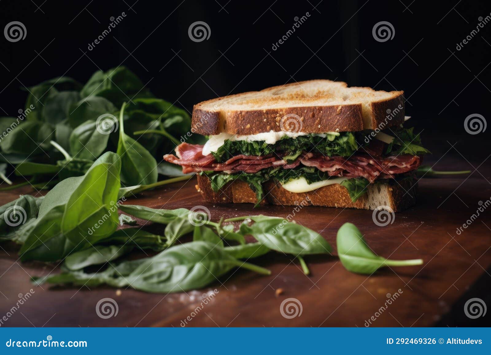 A Sandwich Surrounded by Scattered Basil Leaves Stock Photo Image of