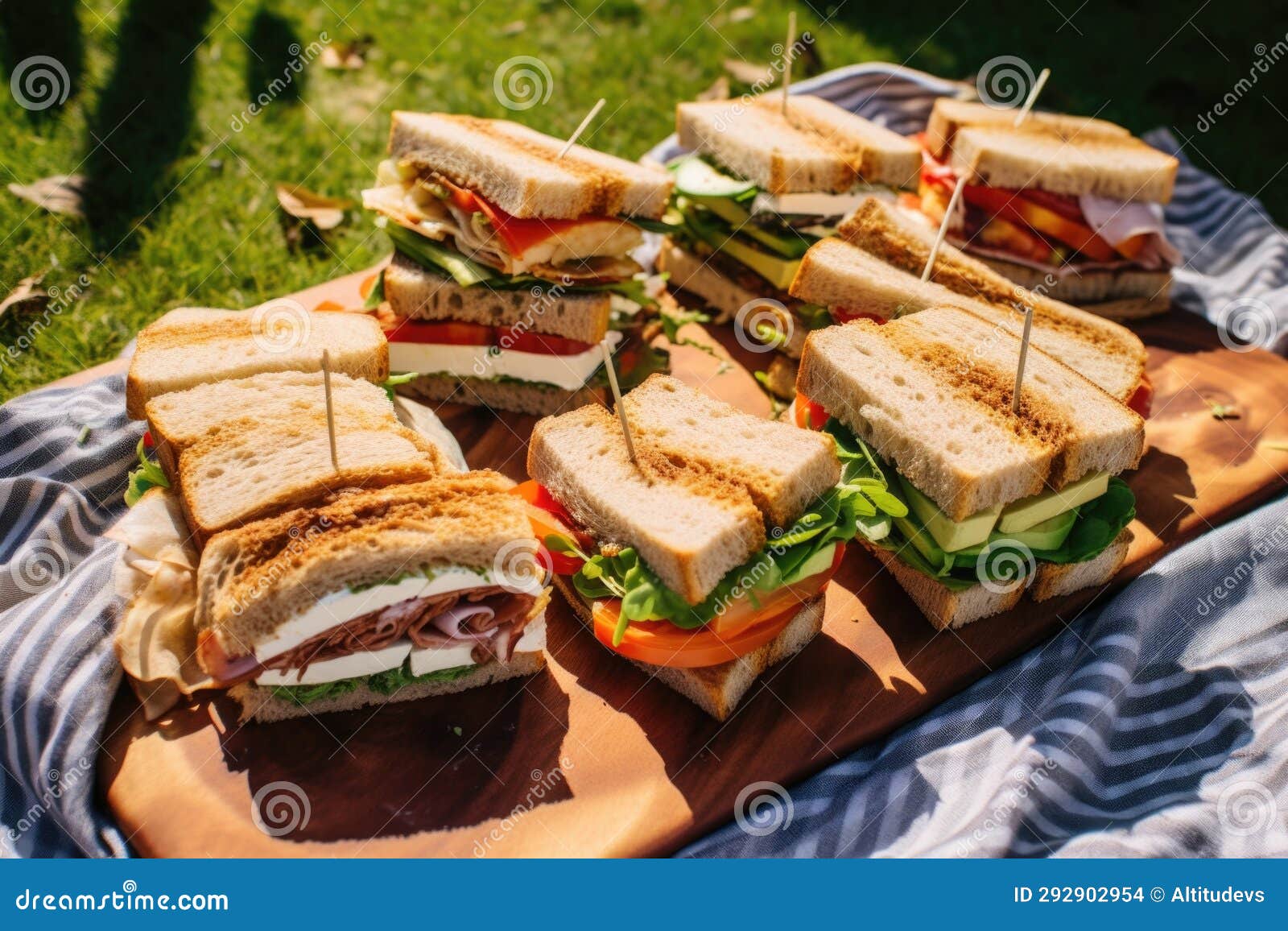 Sandwiches, All Looking the Same, on a Picnic Blanket Stock Photo