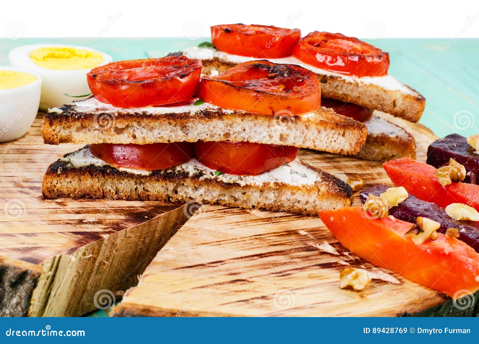 Sandwiches with Fried Tomatoes and Boiled Chopped Eggs. Stock Image