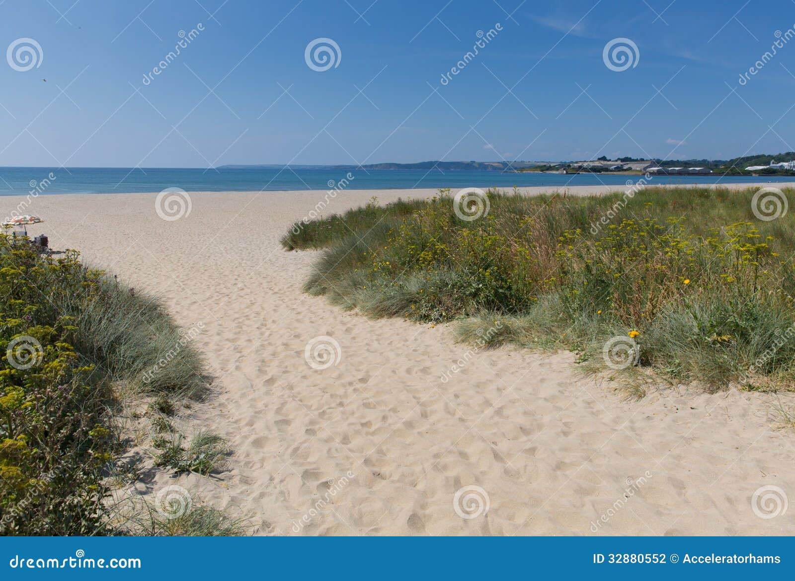 sandy beach par cornwall england near st austell and polkerris with blue sea and sky