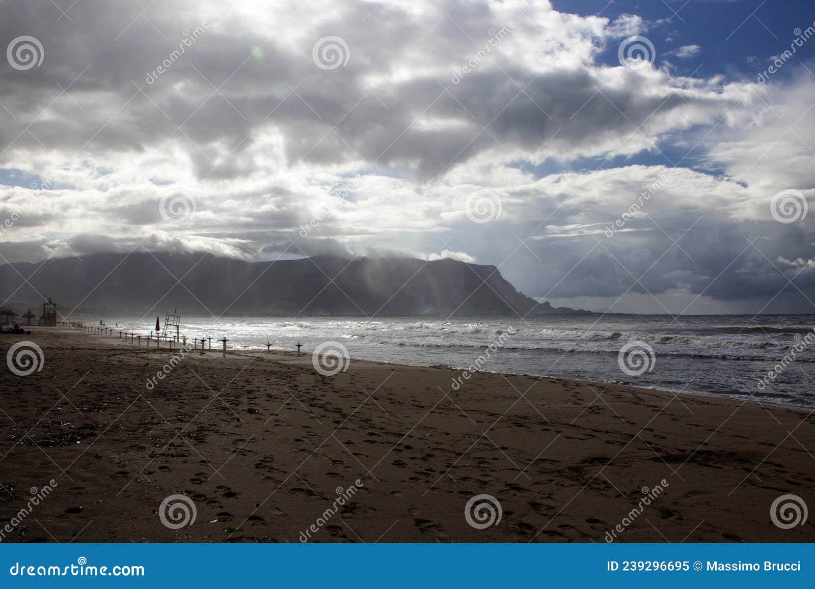 Sandy Beach with Rough Sea and Clouds Stock Image Image of sicily