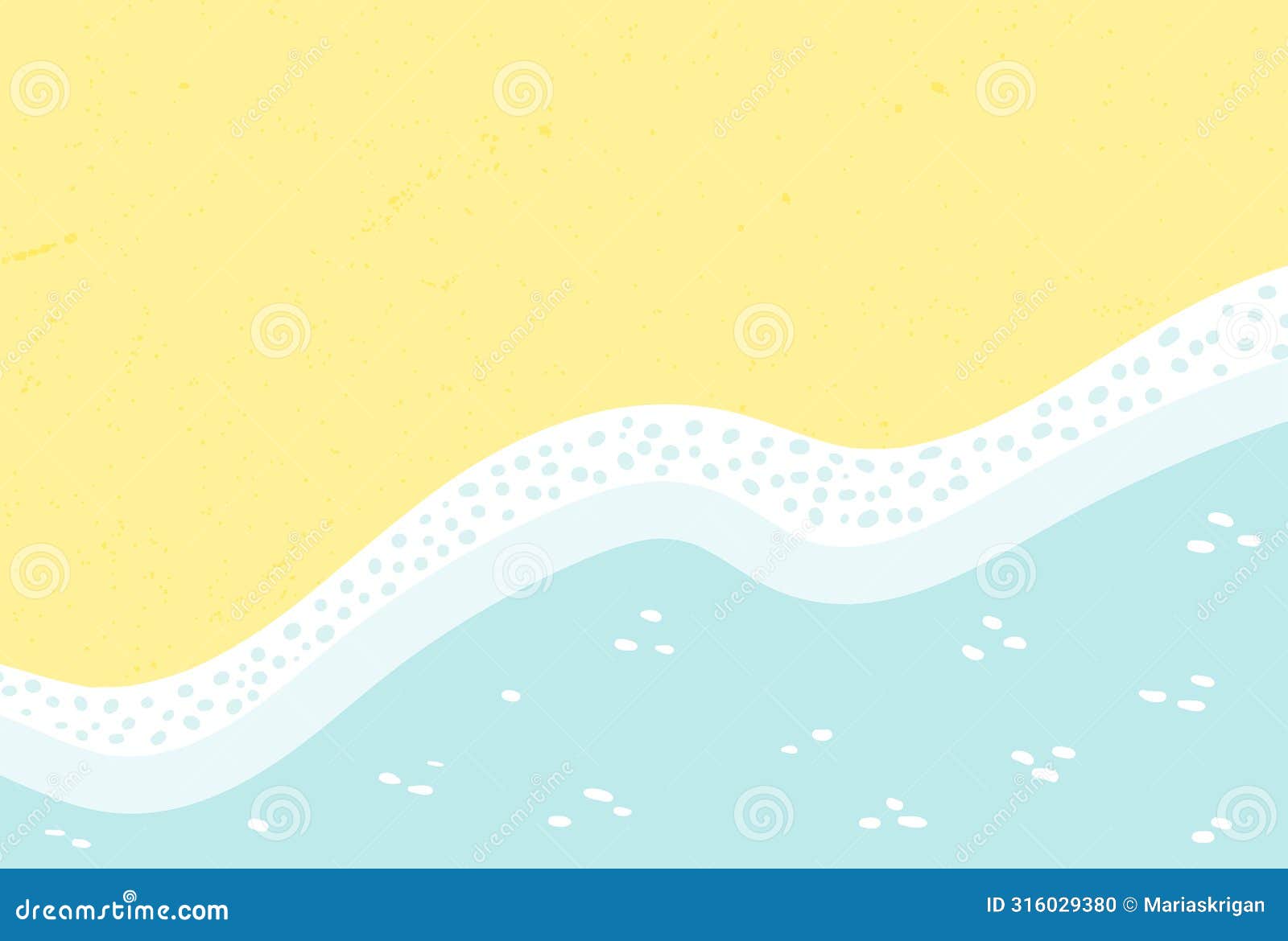 sandy beach with sea, ocean waves lapping on shore, seaside top view background.
