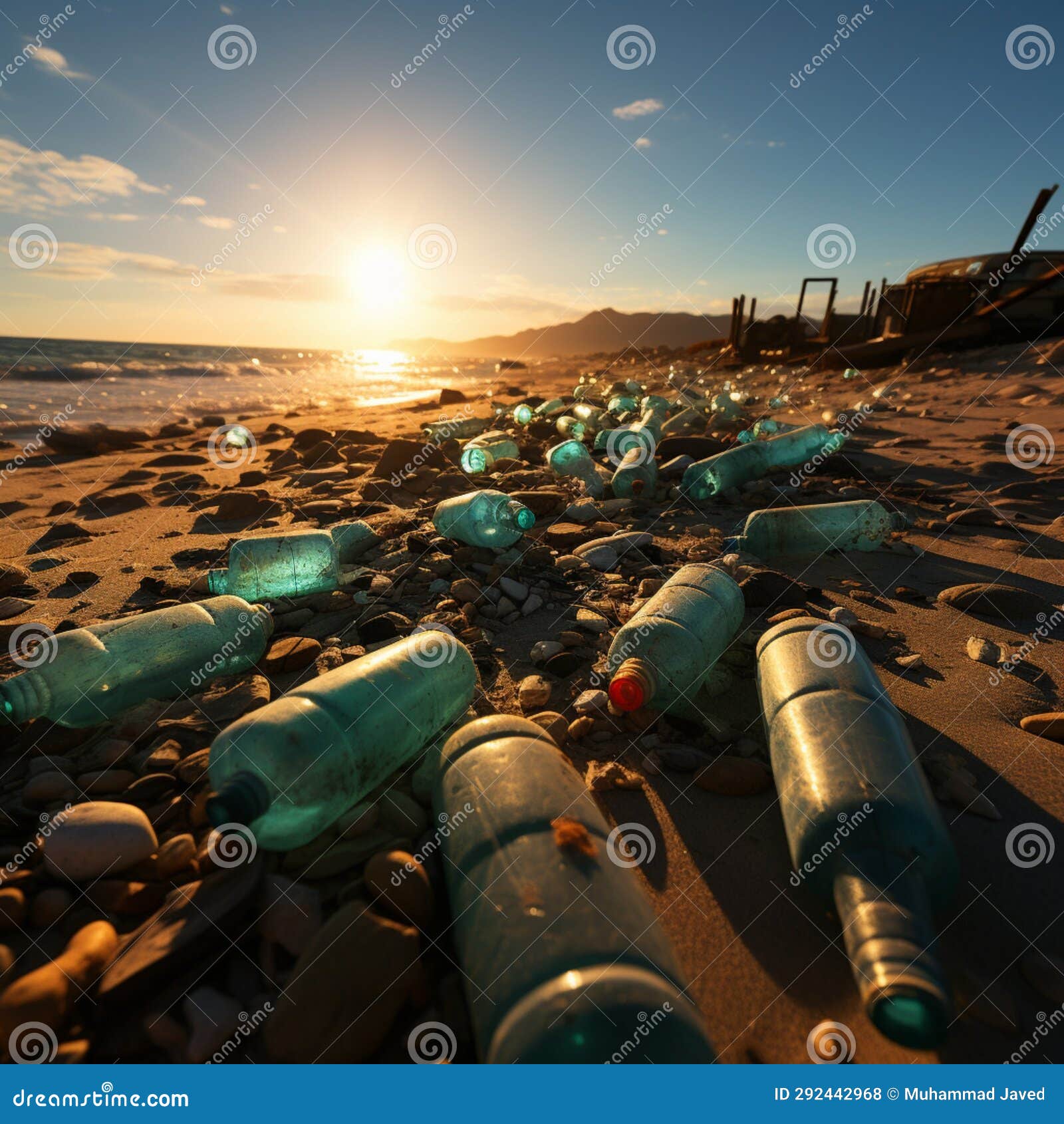 sandy expanse marred by discarded bottles and trash, showcasing beach pollutions harm