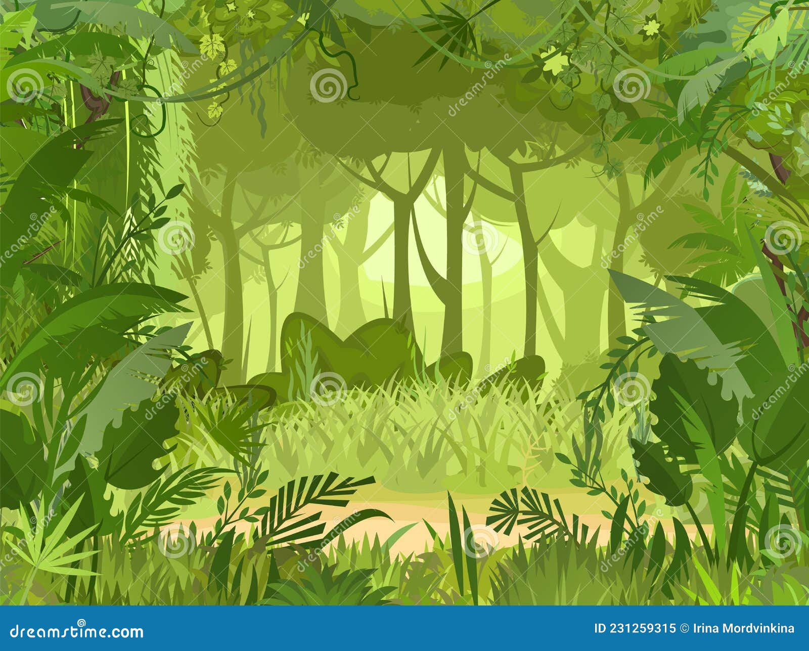 Sandy Glade. Jungle Background. Plants Rainforest. Beautiful Green  Landscape with Exotic Trees and Palms Stock Vector - Illustration of  background, tree: 231259315