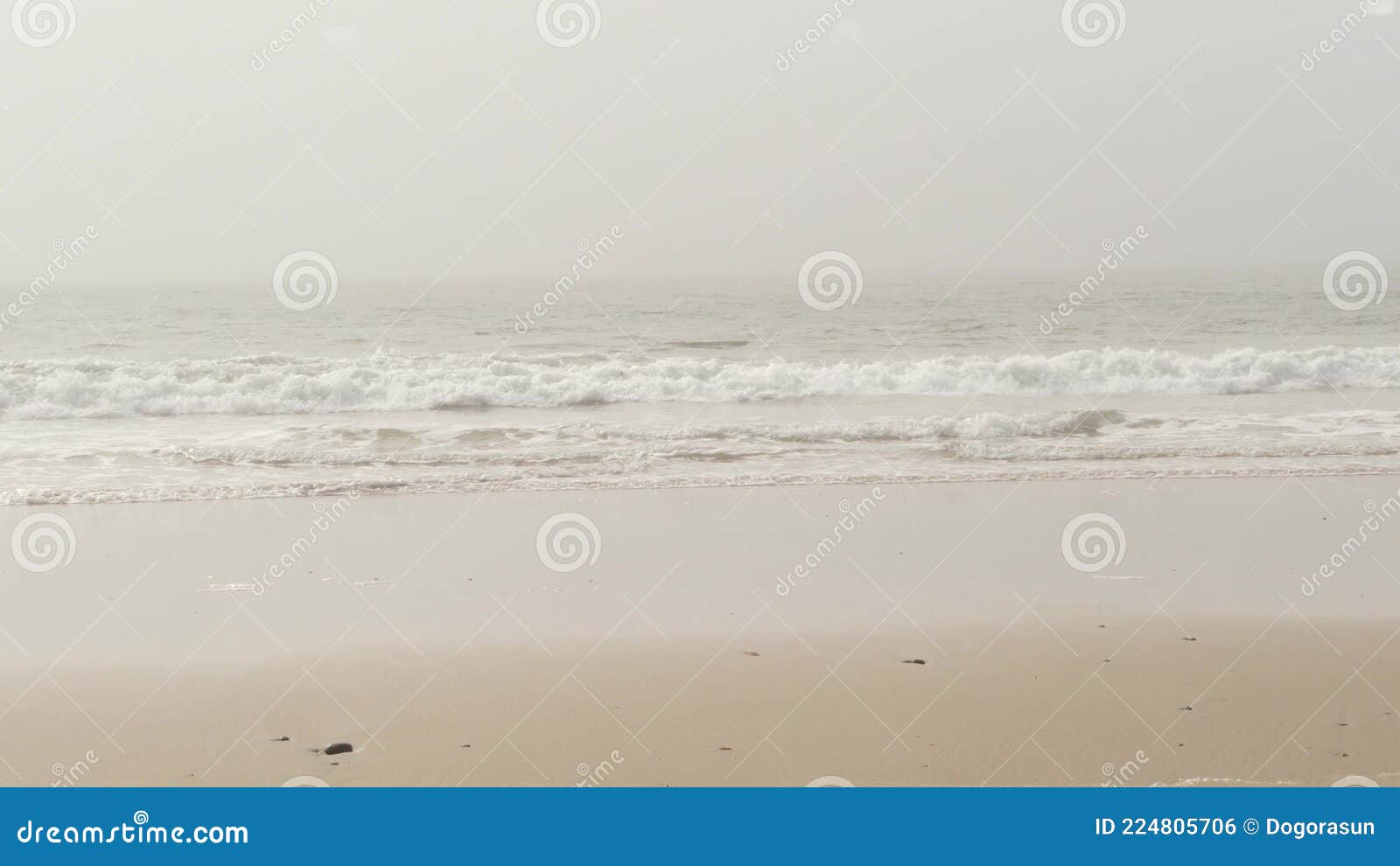 sandy misty beach california usa. pacific ocean coast, dense fog on sea shore. waves in brume haze.