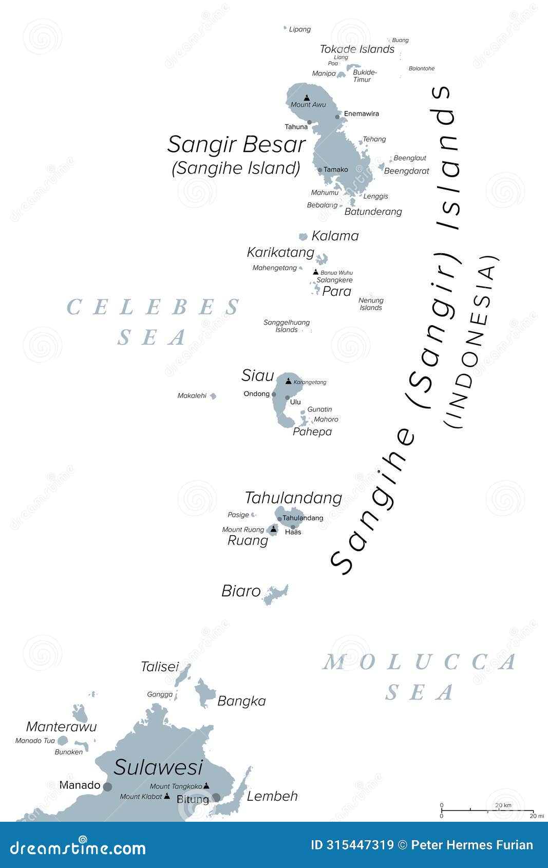 sangihe islands, an indonesian archipelago, gray political map