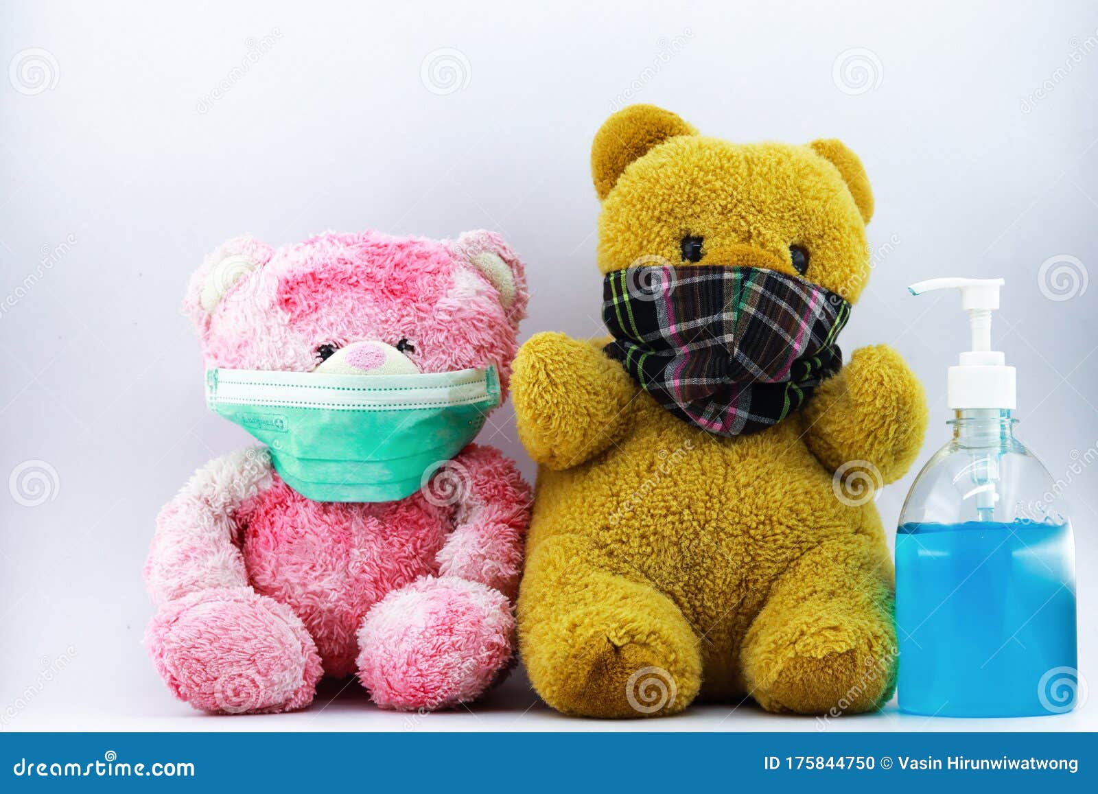 Sanitizing Hand Gel and Teddy Bear Wearing Face Mask Stock Photo ...