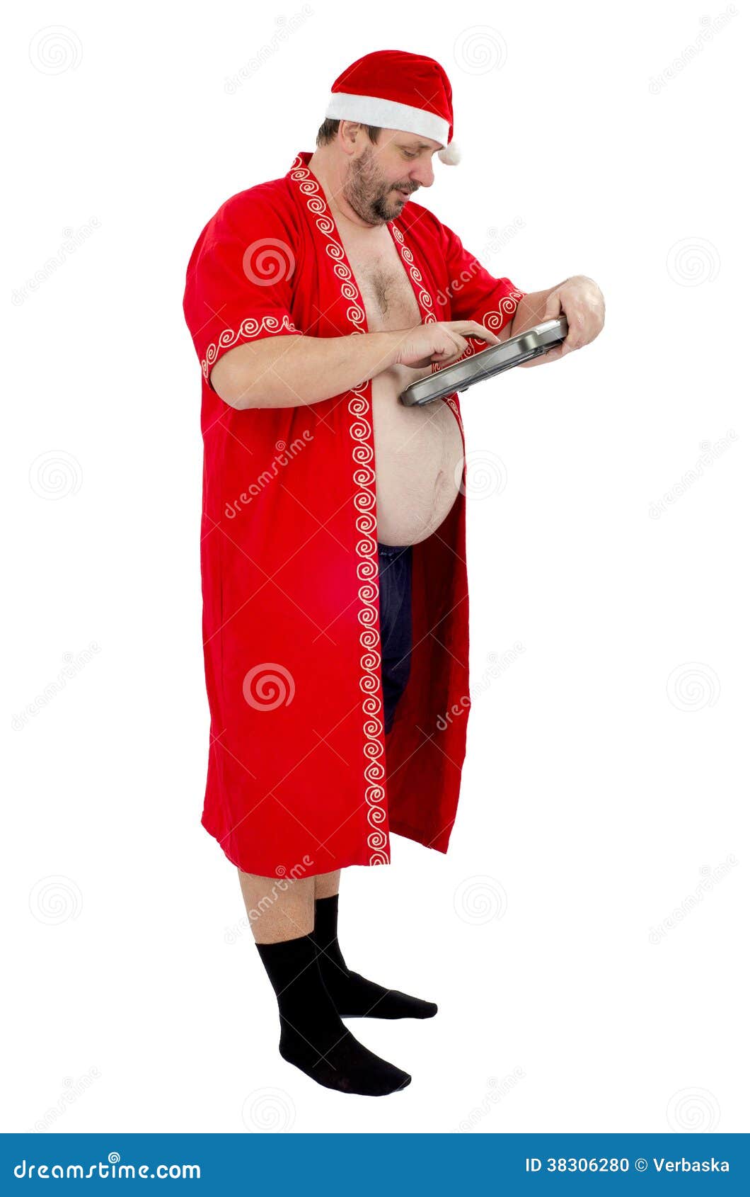 Fat Santa Attentively Looks At Scales Stock Photo Image of christmas