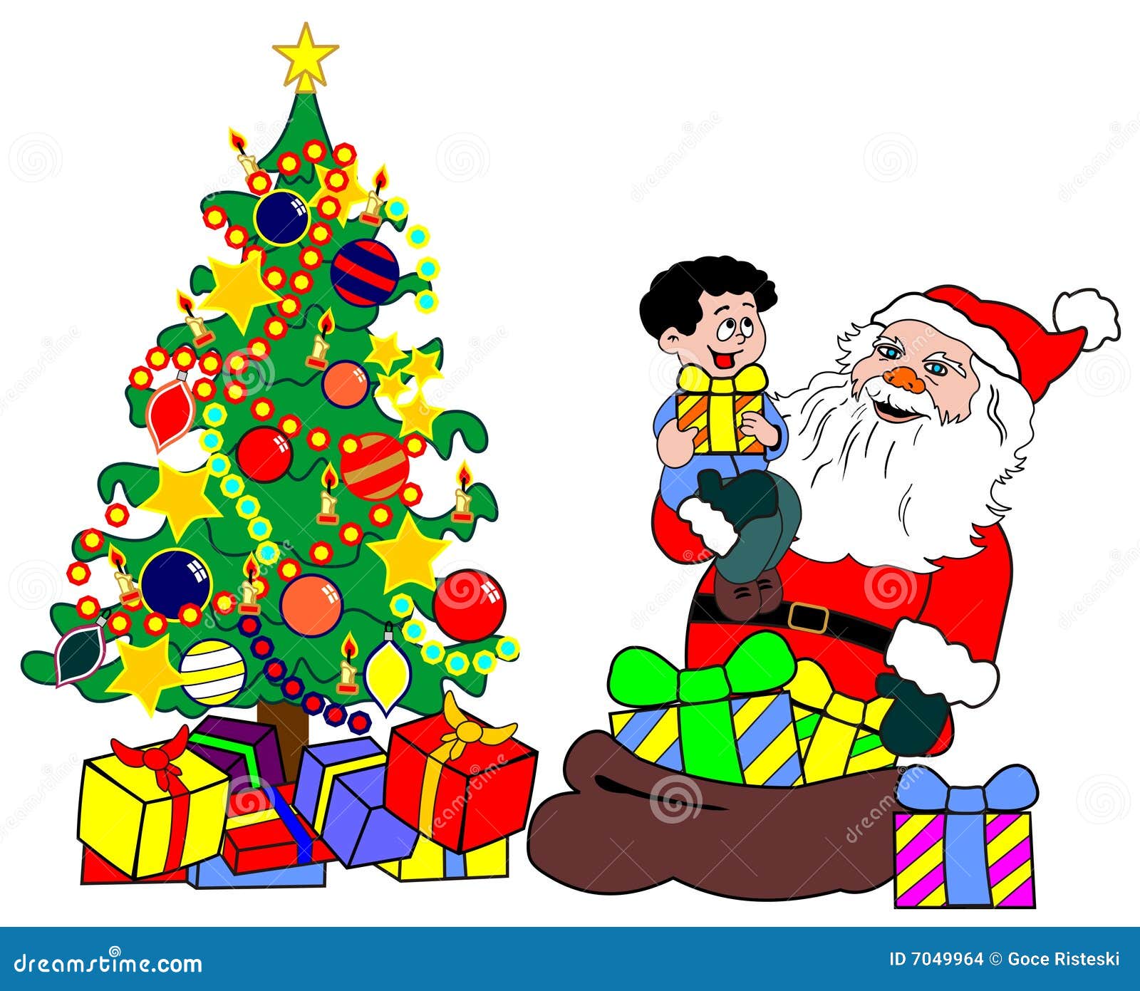 Santa with child and christmas tree