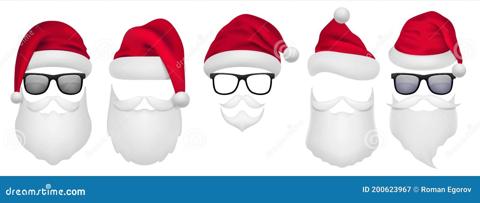 santa claus beard. christmas template, xmas grandfather masks. red hats, glasses and white facial hair and mustaches