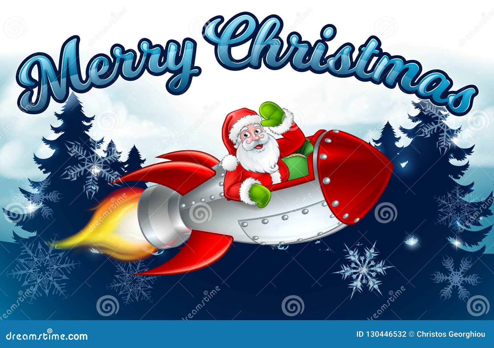 Santa Claus Rocket Merry Christmas Forest Cartoon Stock