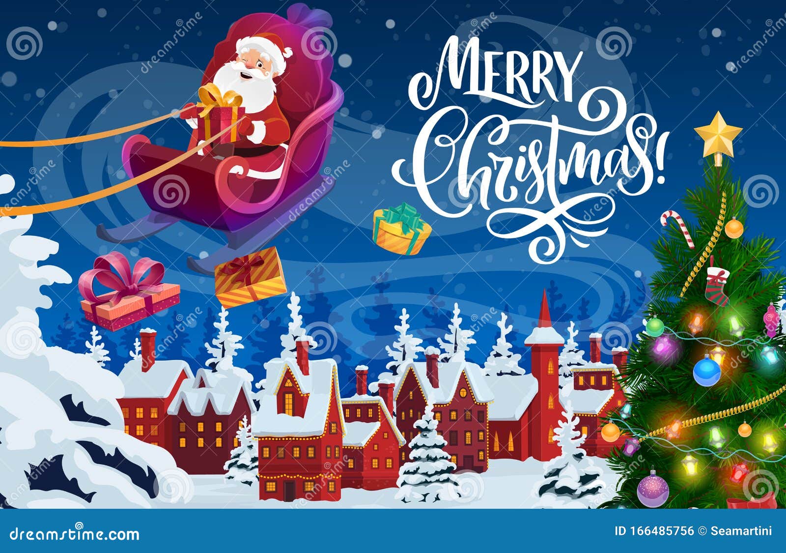 Santa Claus with Christmas Gifts and Xmas Sledge Stock Vector ...