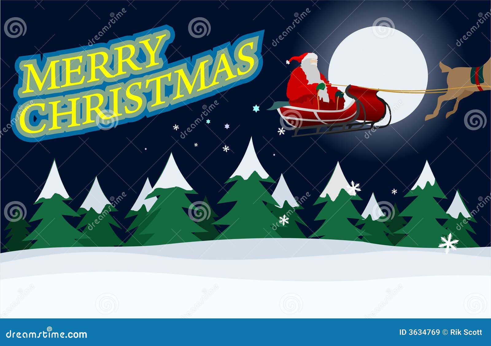 An illustration of Santa Claus flying over a snowy night scene with Christmas message