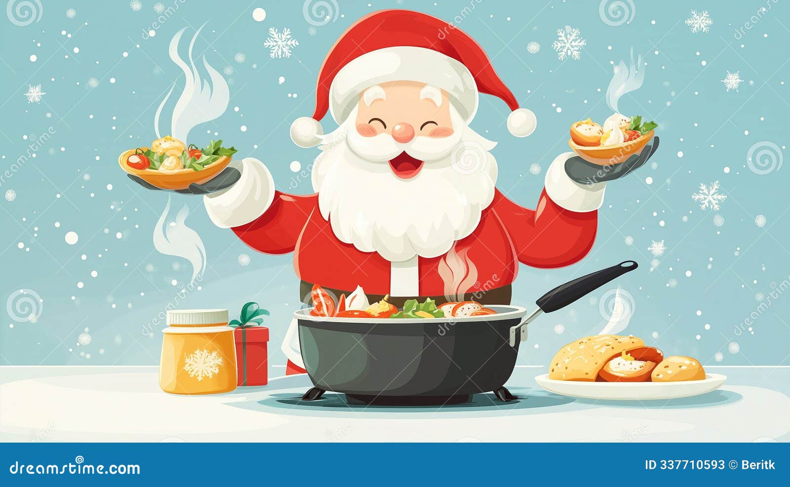 santa claus is cooking a meal for christmas eve, winter holiday season, xmas greeting card, snowflakes, cartoon 