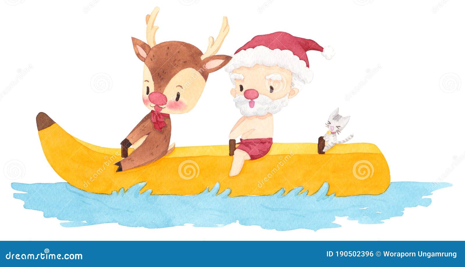 Santa Claus, Deer and Cat on a Banana Boat. Cute Cartoon Character Design  on White Background. Christmas in June. Stock Illustration - Illustration  of cartoon, claus: 190502396
