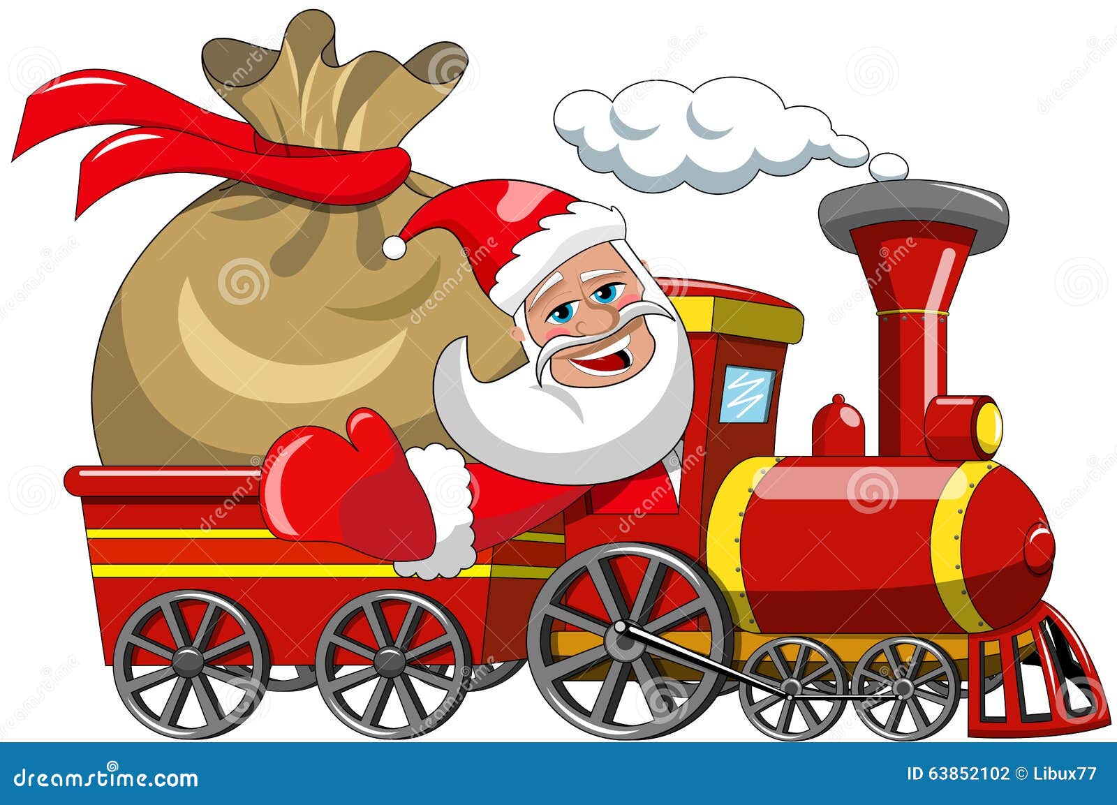 Santa Claus Delivering Big Sack by steam train Royalty Free Vector