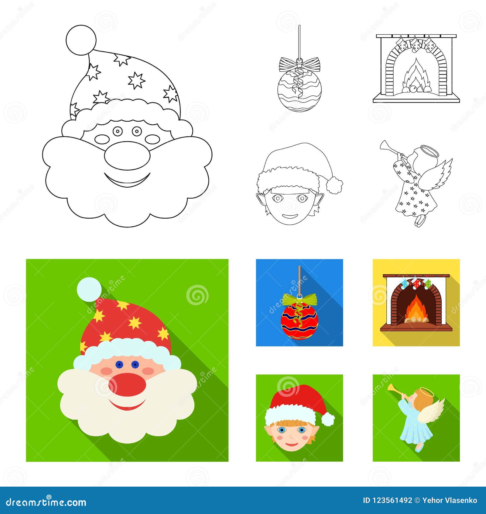 Santa Claus dwarf fireplace and decoration outline flat icons in set collection for design Christmas vector symbol stock illustration