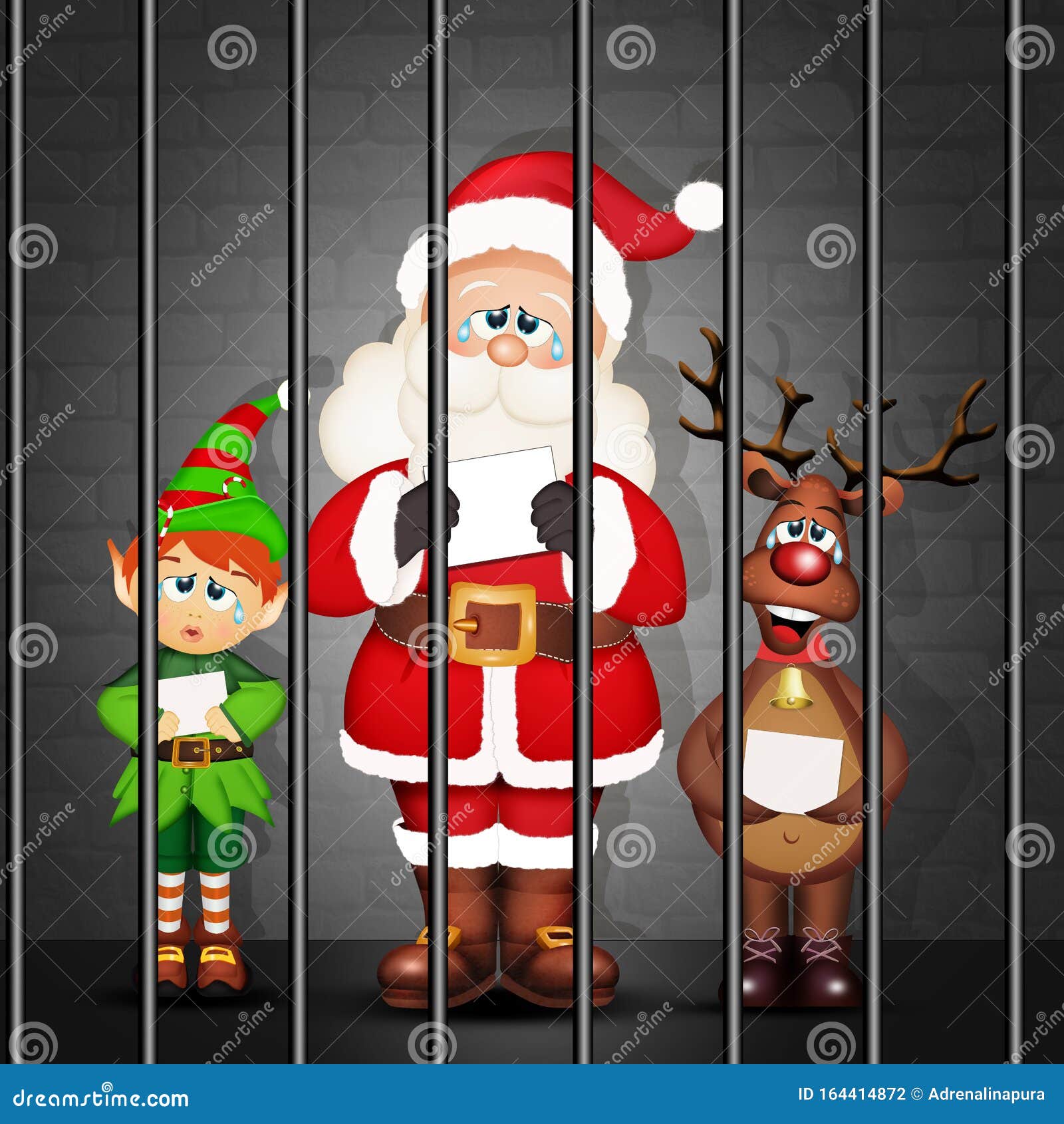 Santa Claus, Elf and Reindeer in Prison Stock Illustration
