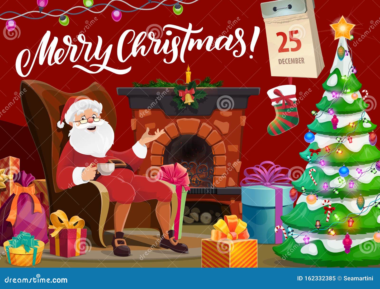 Santa Claus and Fireplace, Merry Christmas Wish Stock Vector ...