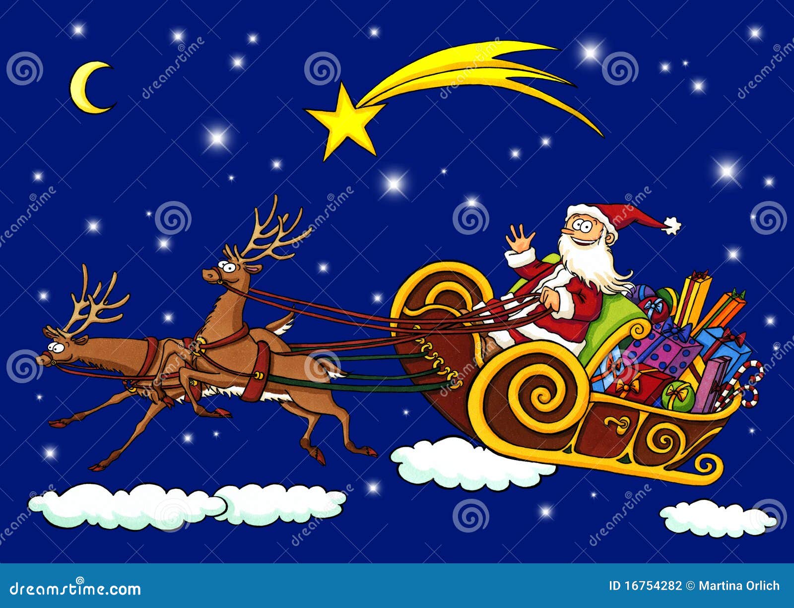 Santa Claus Flying Through The Night In A Sleigh Stock