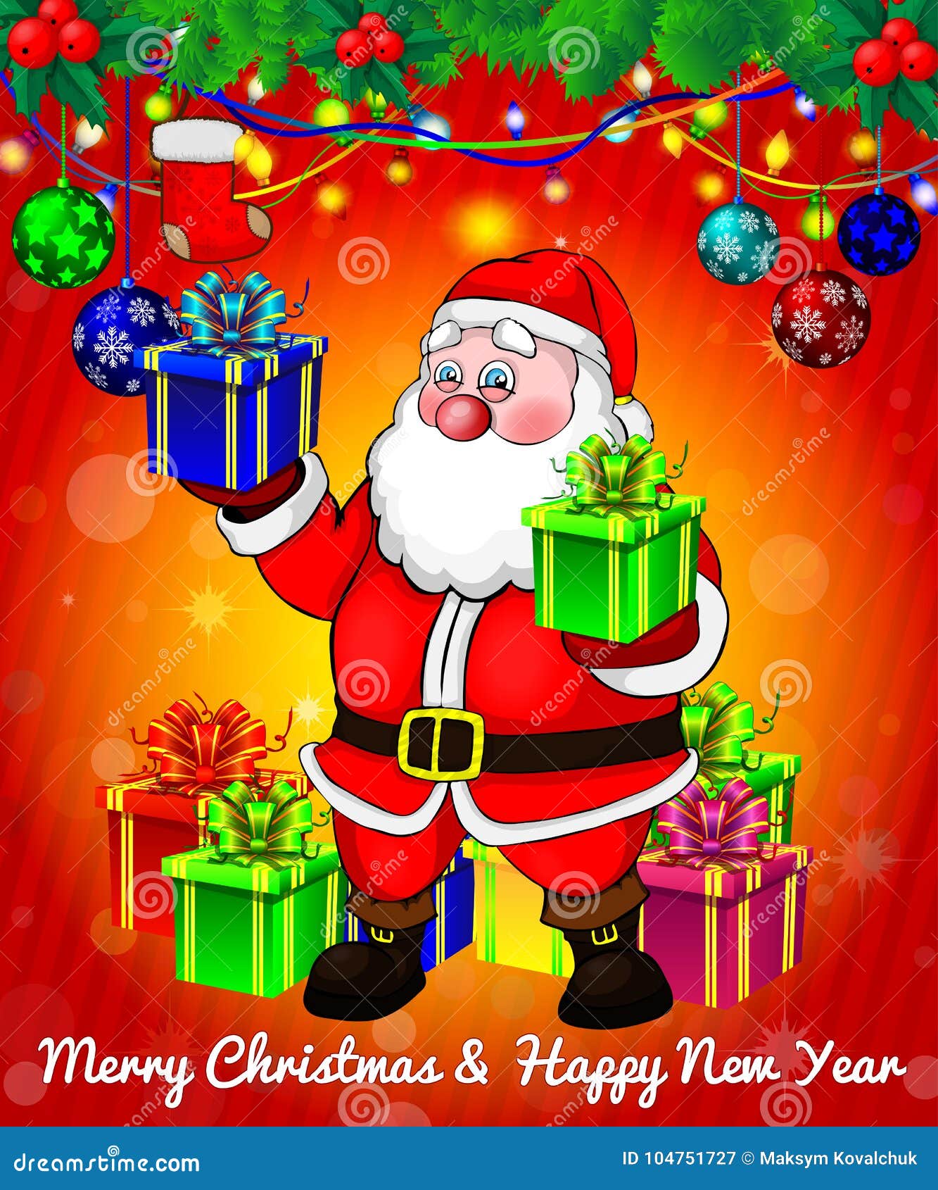 Santa Claus With Gift Boxes On Red Background Stock Vector