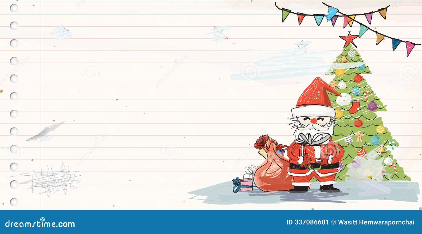 santa claus with gifts bag and christmas tree hand drawn childish style on old notebook paper