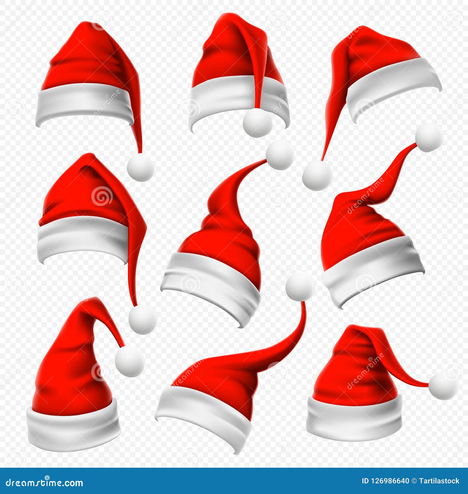 santa claus hats. christmas red hat, xmas furry headdress and winter holidays head wear decoration 3d  set