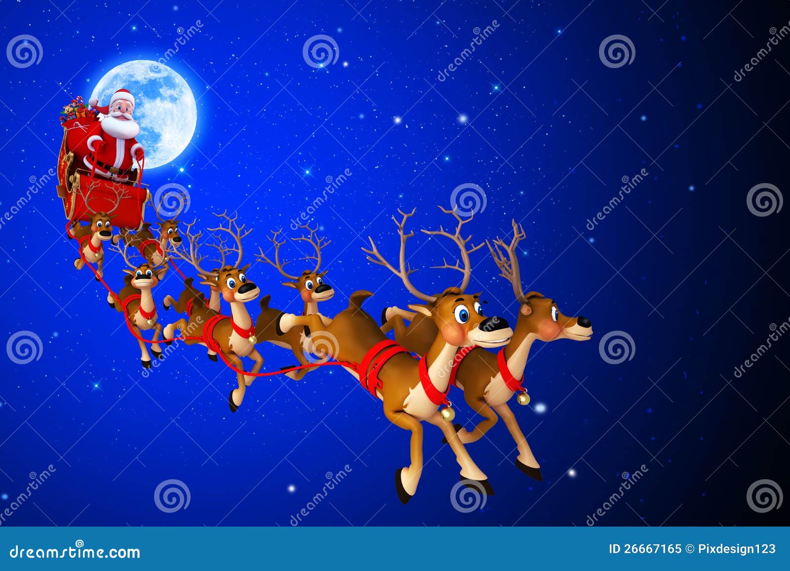 Royalty Free Stock Photo: Santa claus with his sleigh and moon on blue 