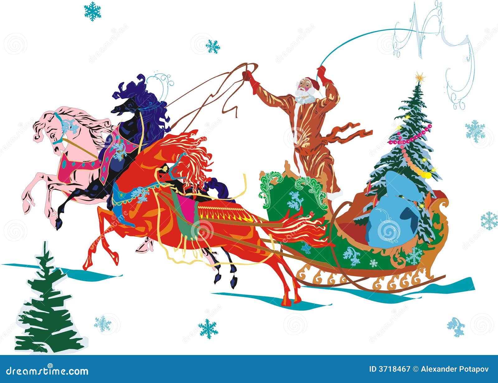 Santa Claus and horses stock vector. Illustration of night 3718467