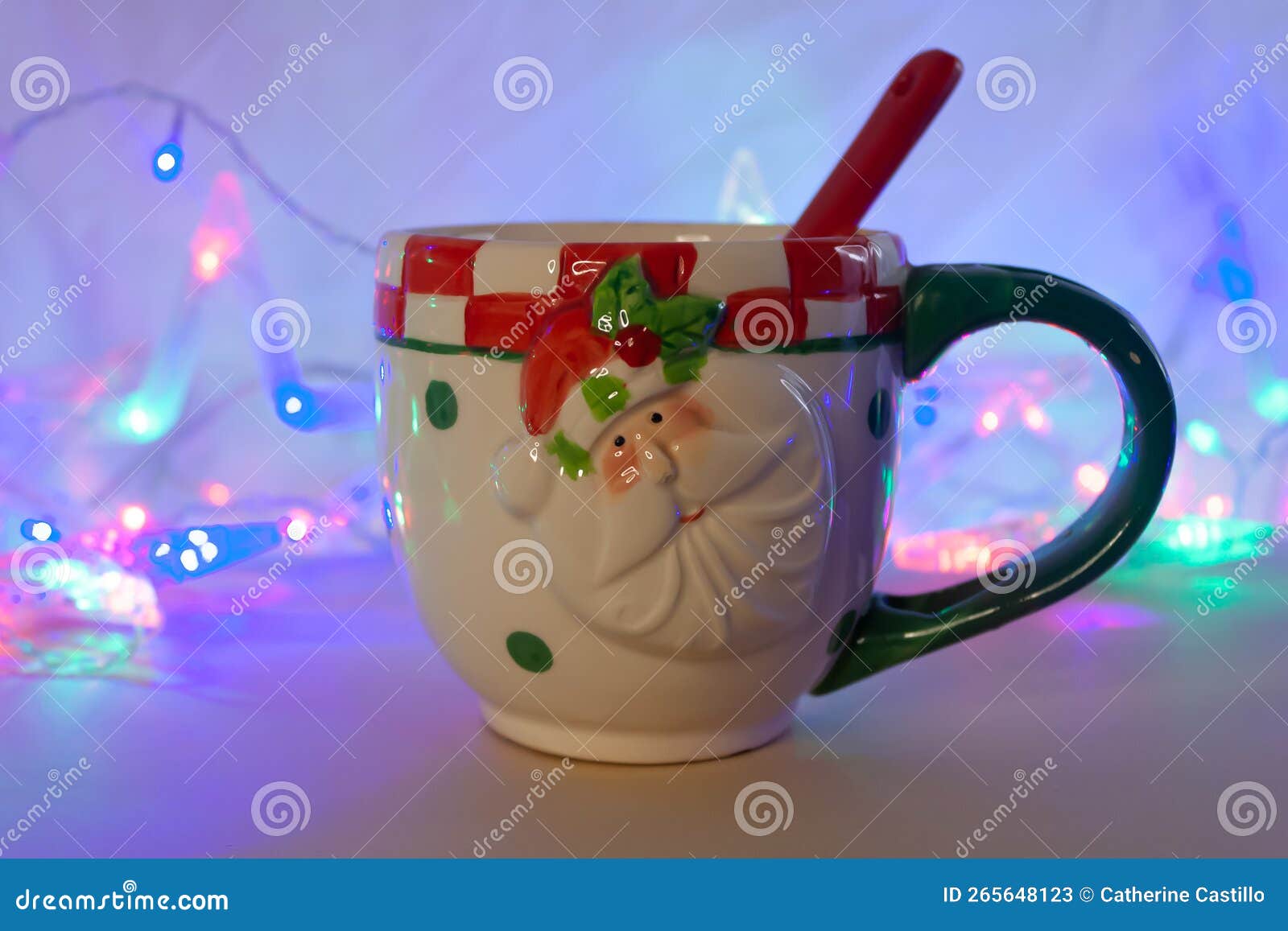 Santa Claus Christmas Mug, Lights in the Background. Stock Image