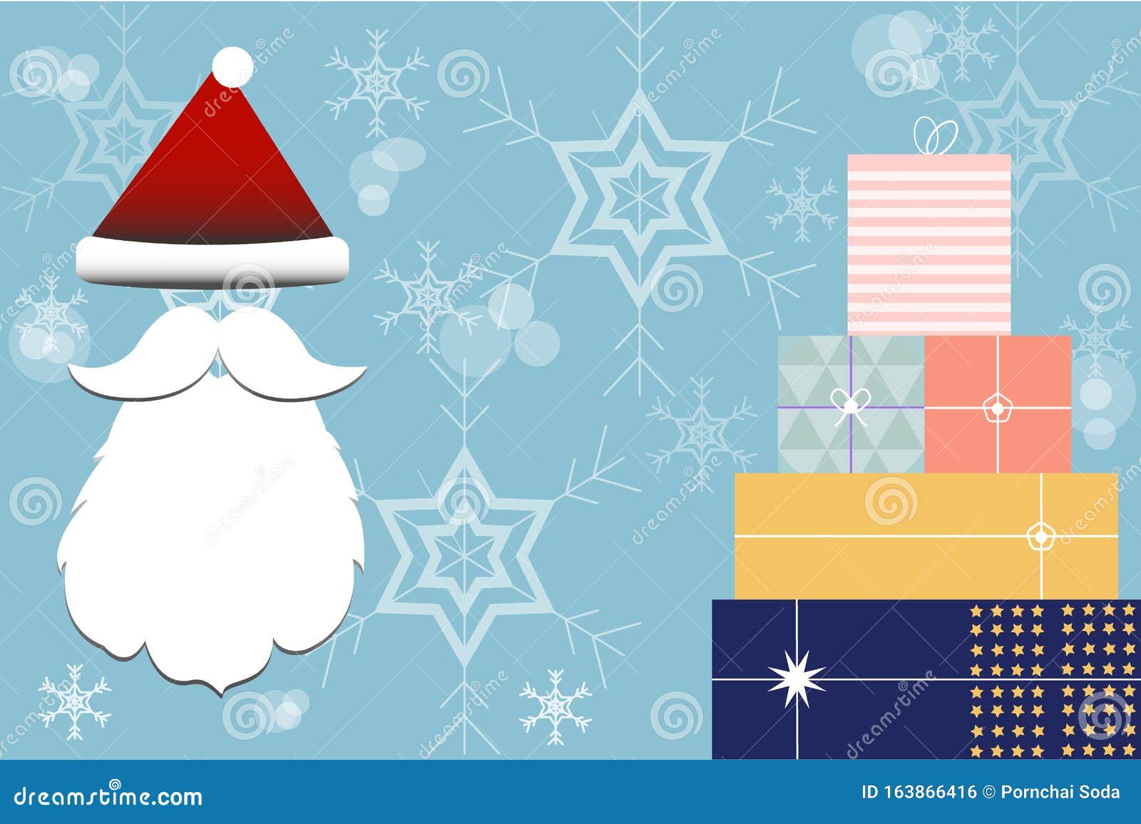 santa claus mustache and red hat with snow and gift on blue background 