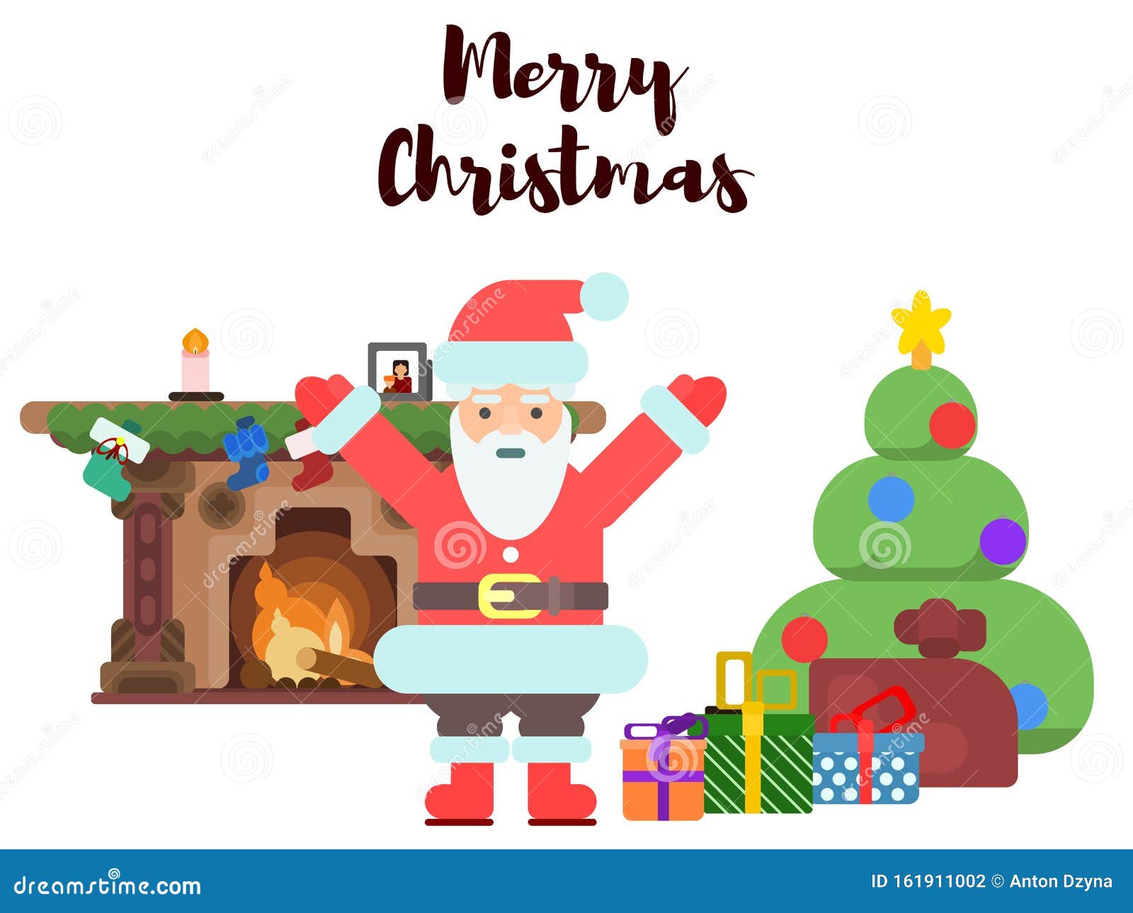 Santa Claus Near the Fireplace and Christmas Tree Stock Illustration ...