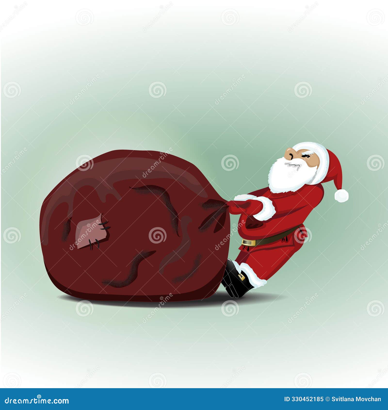 santa claus pulls a huge bag of gift