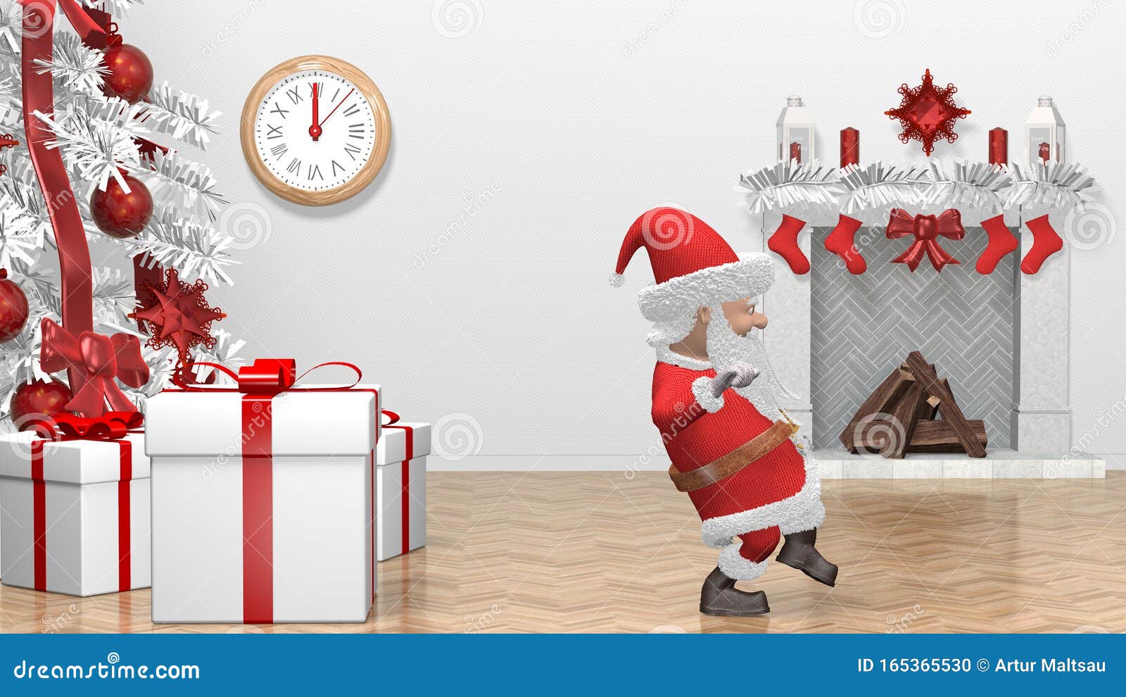 Santa Claus Pushing Gift. Merry Christmas and Happy New Year 2020
