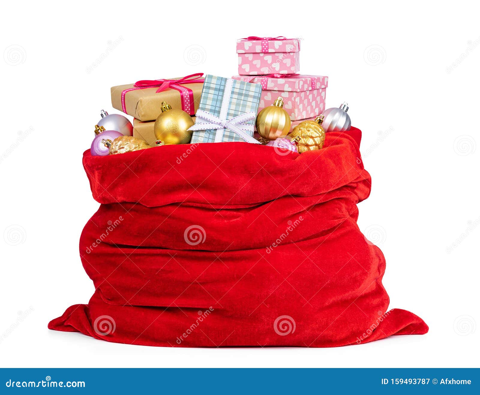 santa claus red bag full of christmas boxes with gifts and toys,  on white background. file contains a path to isolation