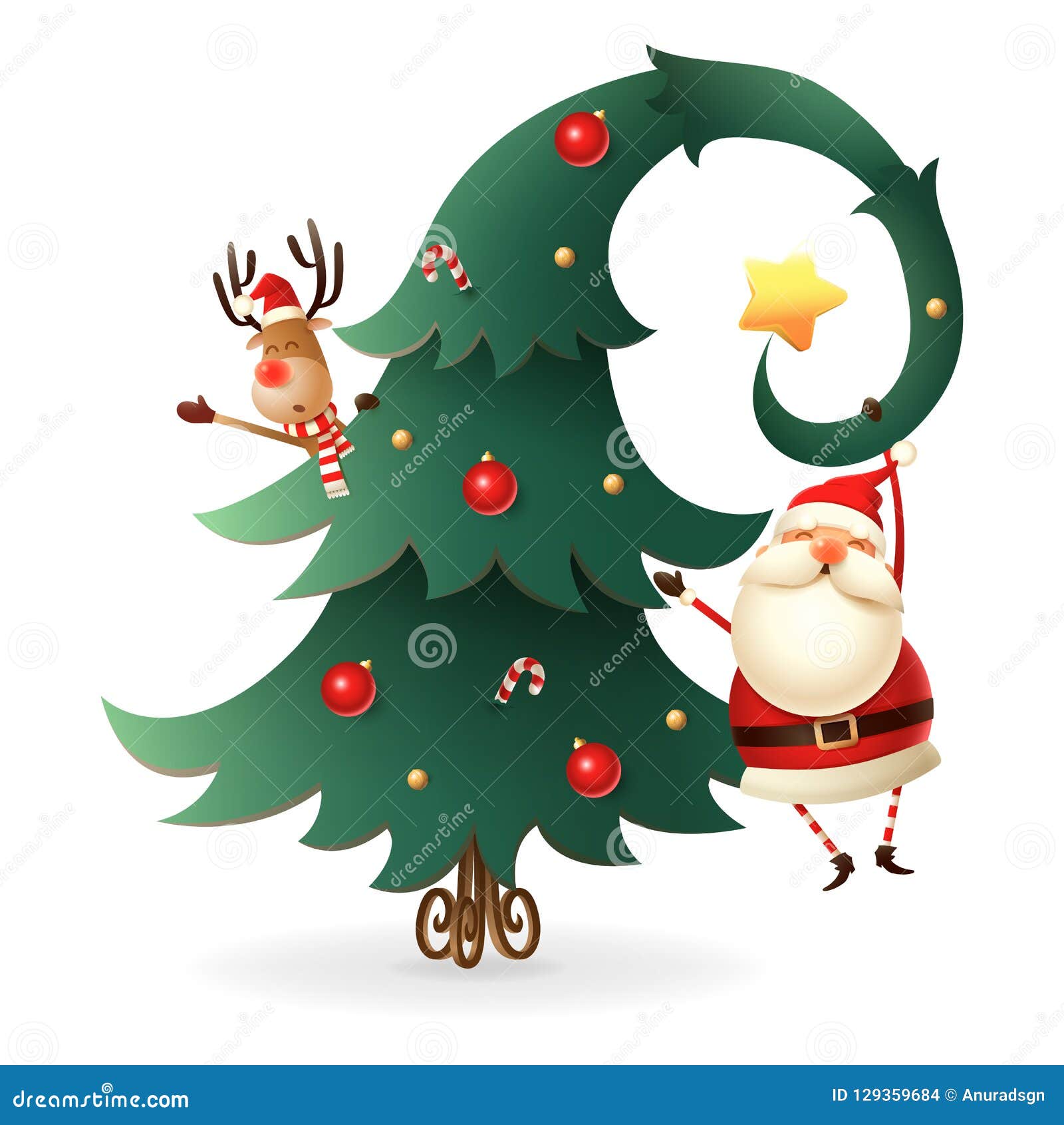 santa claus and reindeer around the christmas tree on transparent background. scandinavian gnomes style.