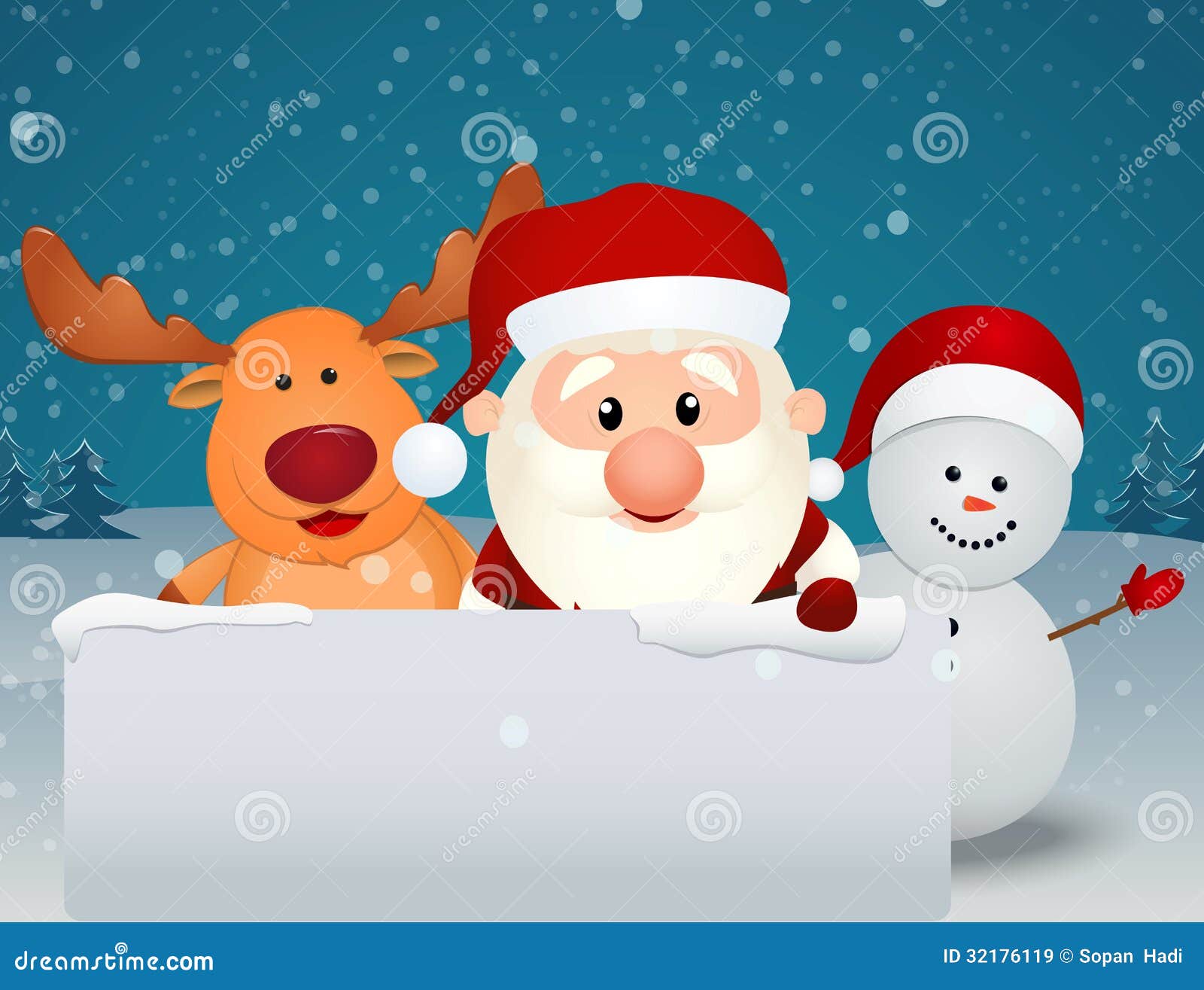 Santa Claus With Reindeer And Snowman With Blank Sign 
