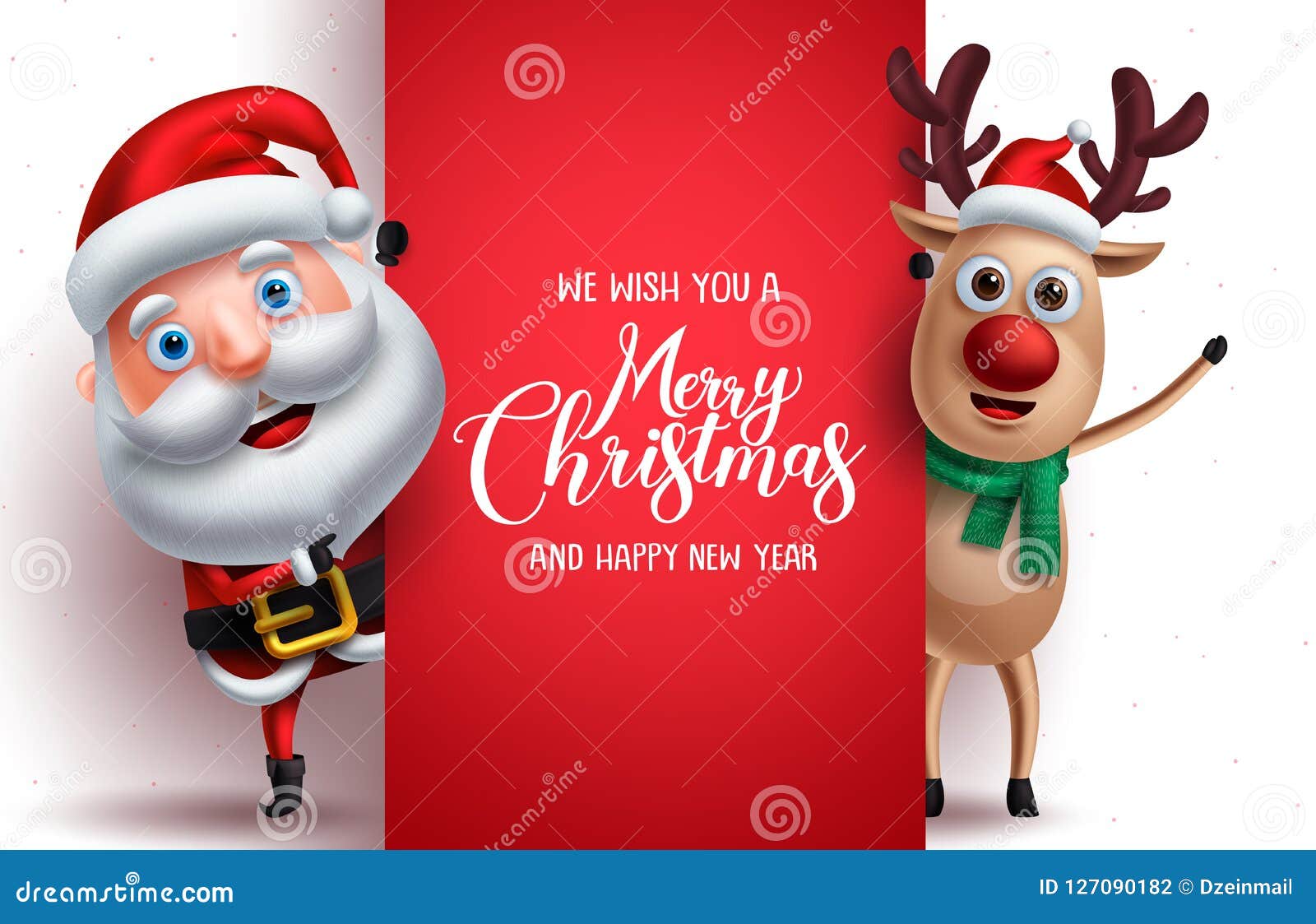 santa claus and reindeer  christmas characters holding a board