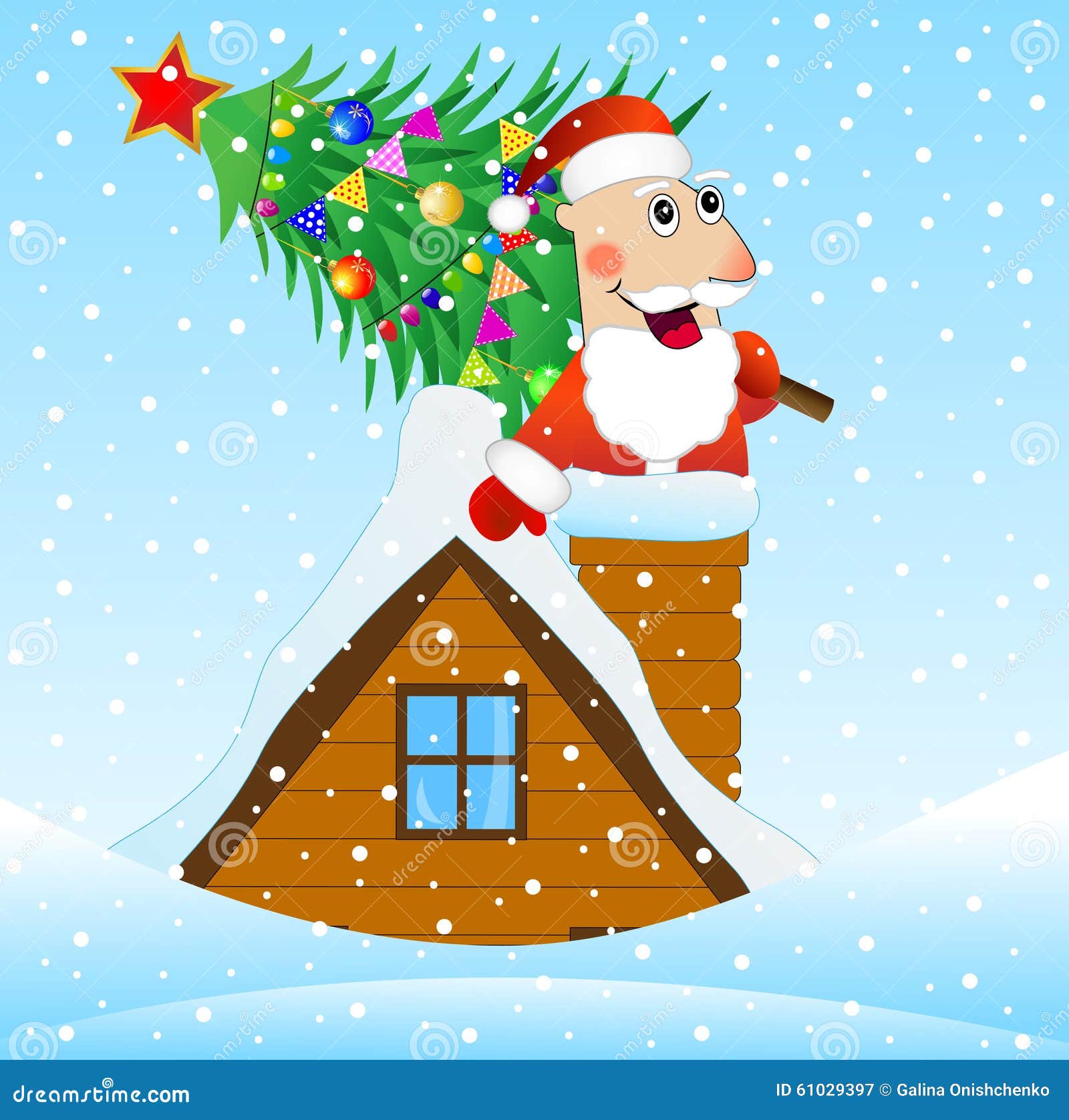 Santa Claus On The Roof Of A House With A Christmas Tree Stock Vector - Illustration of house ...